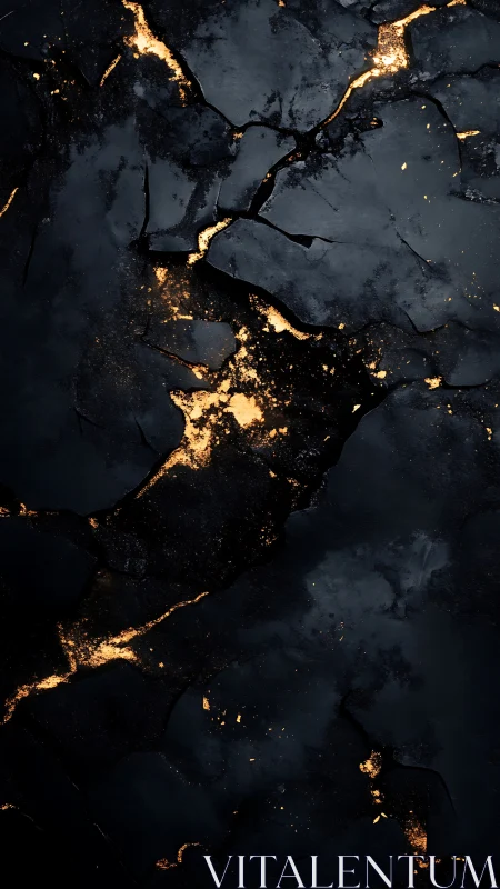 Volcanic basalt fractures with molten gold illuminated seams