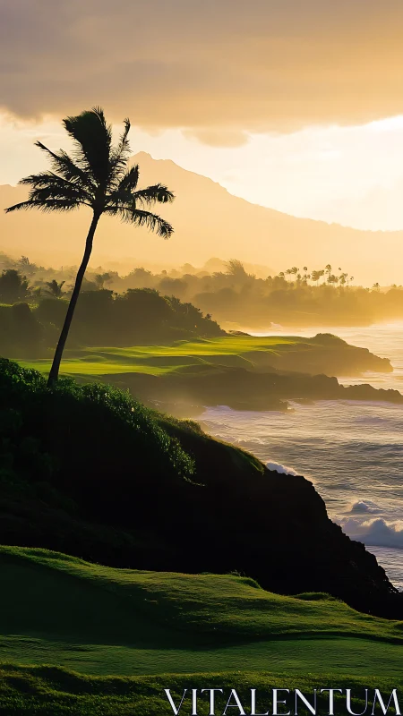 Golden coastal golf cliffs glow under misty tropical sunset