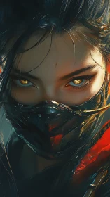 Masked female warrior portrait with glowing golden eyes.