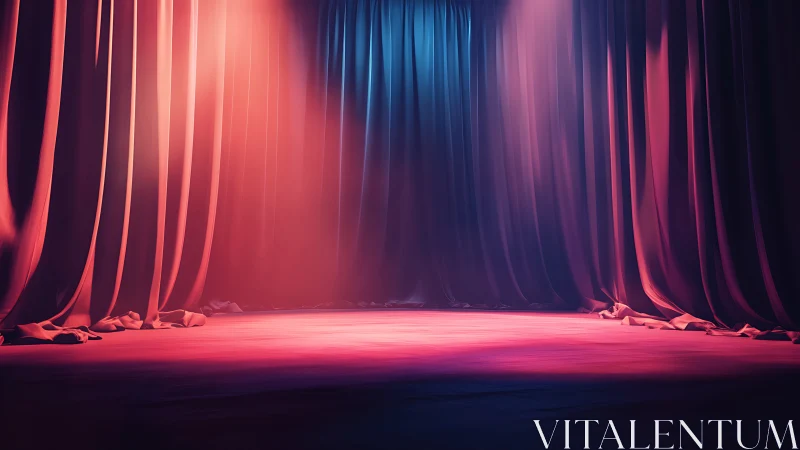 Velvet stage hush under neon twilight curtains poised.