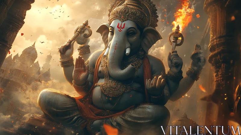 Serene elephant deity in golden light over ancient temples.