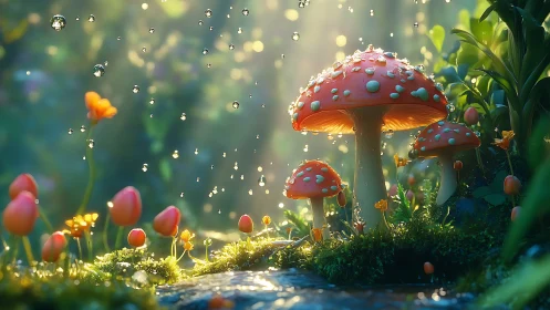 Digital render shows amanita mushrooms in moist forest light