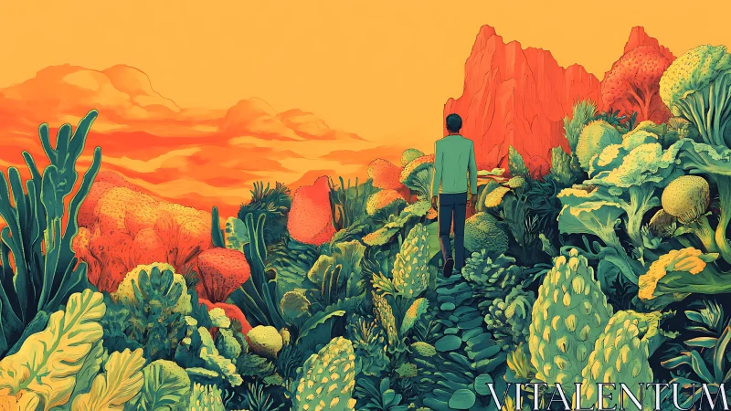 Surreal botanical landscape with lone figure and molten sky.