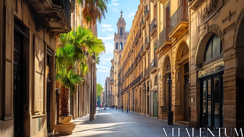 Sunlit European boulevard lines with palms and ornate facades.