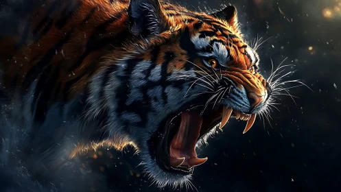 Side profile of roaring tiger with visible fangs in dark setting.