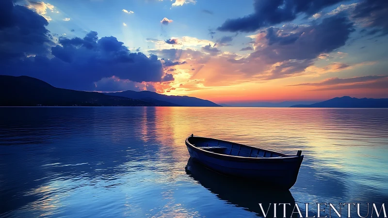 Solitary rowboat rests on iridescent lake at vivid sunset