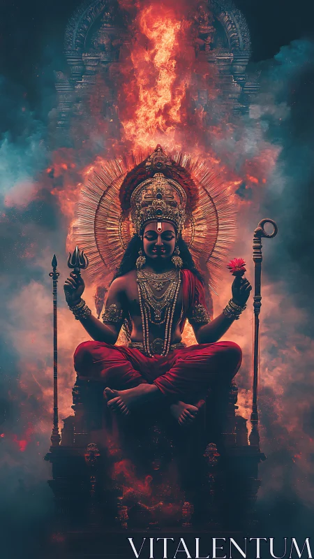 Fiery divine goddess seated in mystic temple throne vision.