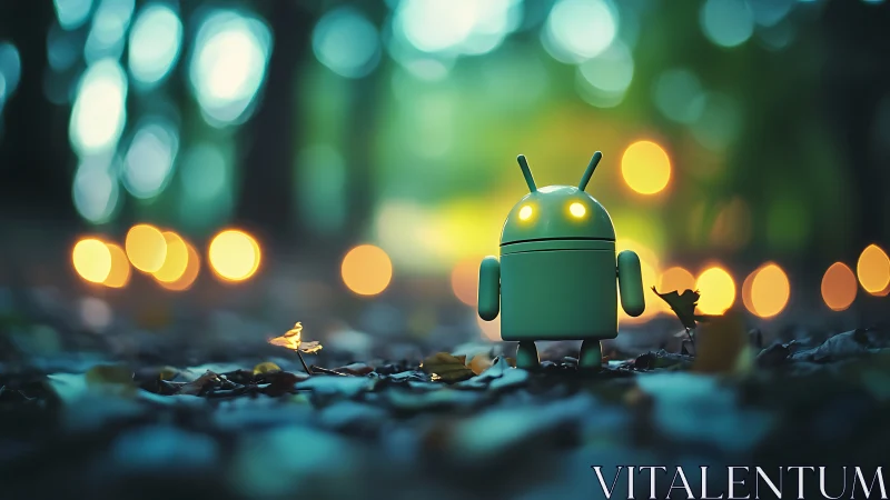 Miniature android robot explores forest floor with shallow depth of field