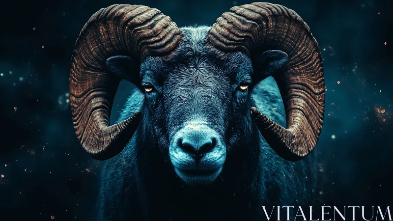 Midnight horned ram gazes calmly through a cosmic glow