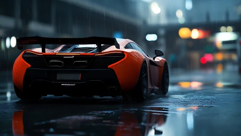 Rain-slicked supercar prowls neon city streets at midnight.