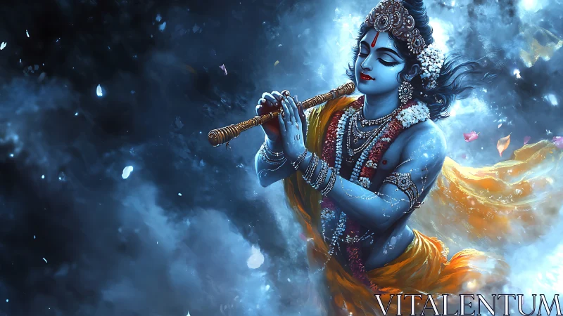 Blue-skinned divine musician in flowing golden drapery.