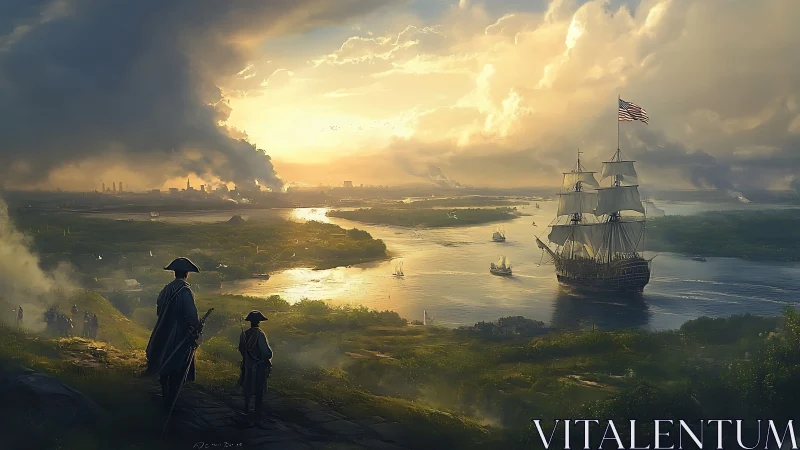 Sunlit warship glides toward a smoking revolutionary shoreline