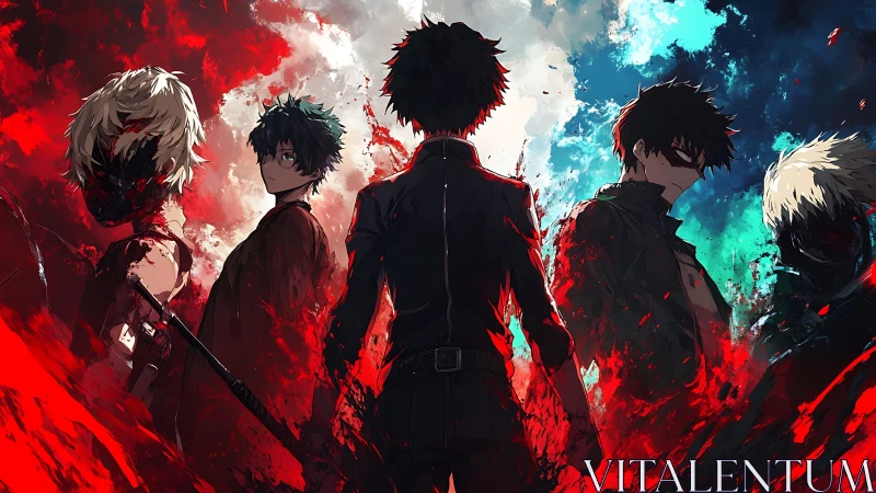 Brooding anime heroes rising from swirling red chaos.