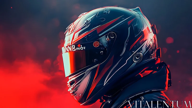 Racing helmet profile with reflective visor in red vapor haze