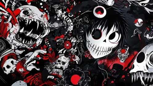 Grim cartoon skull figure amid chaotic horror collage.