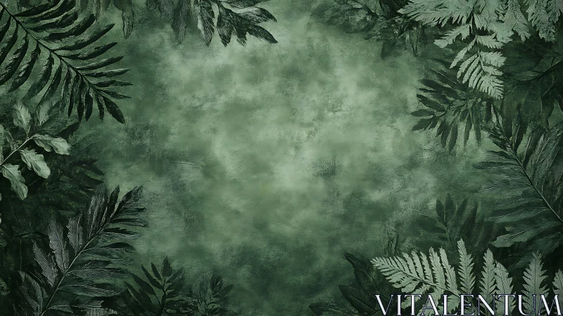 Textured emerald foliage frame with misty abstract center.