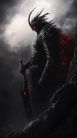 Obsidian demon warlord with molten sword on storm peak