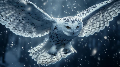 Majestic snowy owl in flight through winter forest, digital realism.