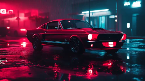 Classic red muscle car glowing in neon city rain at night.