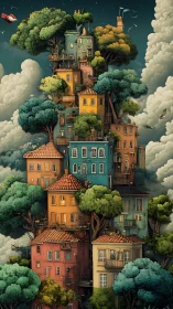 Vertical stacked houses integrated with dense treetops.