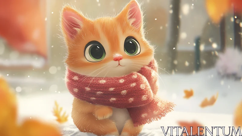Orange Cat in Red Scarf Amid Snowy Winter Scene.
