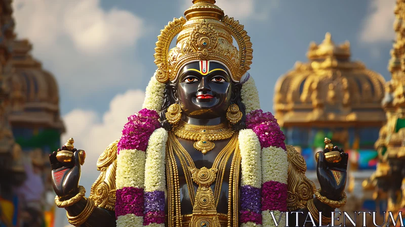 Hindu deity statue in ornate temple setting under sky.