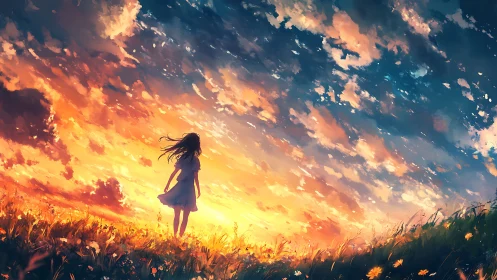 Girl in windlit meadow under blazing painted sunset sky.