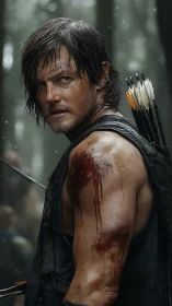 Bloodied archer survivor stalks misty forest trail.