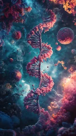 Spiral DNA helix glows within cosmic bio-luminescent cloud.