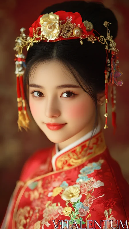 Portrait of woman in ornate traditional red ceremonial attire.