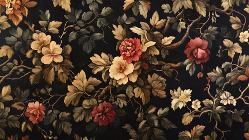Floral branches over dark background in repeating layout.
