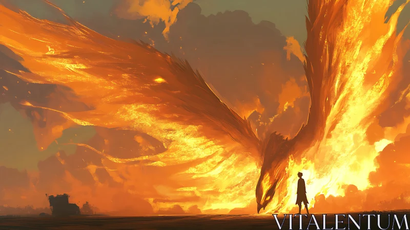 Blazing phoenix descends before lone wanderer at dusk.