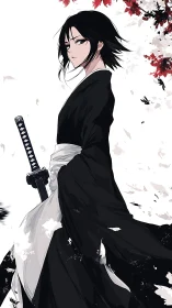 Stoic swordswoman stands amid drifting petals and silence