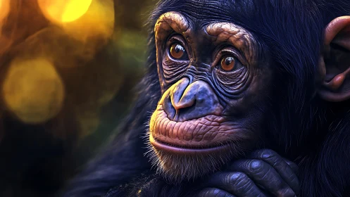 Gentle chimpanzee daydreaming in golden forest light.