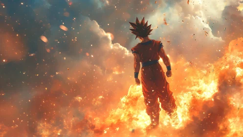 Anime warrior figure over fiery cloud and smoke field.