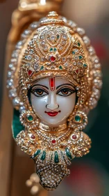 Ornate goddess-like jeweled mask glows in rich golden light.