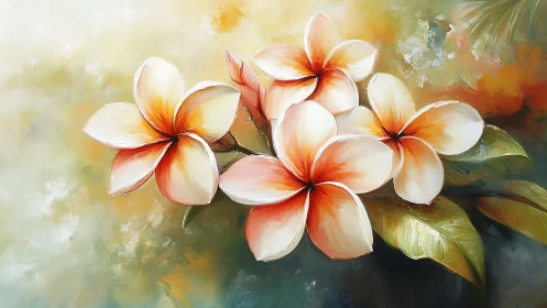 Plumeria blossoms glow over abstract sunlit background.