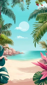 Vector-based tropical beach scene with composited environmental elements and stylized foliage.