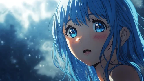 Blue haired anime girl with illuminated eyes at night.