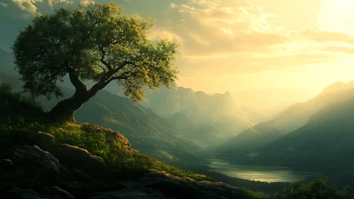 Solitary hillside tree overlooks layered valley and river