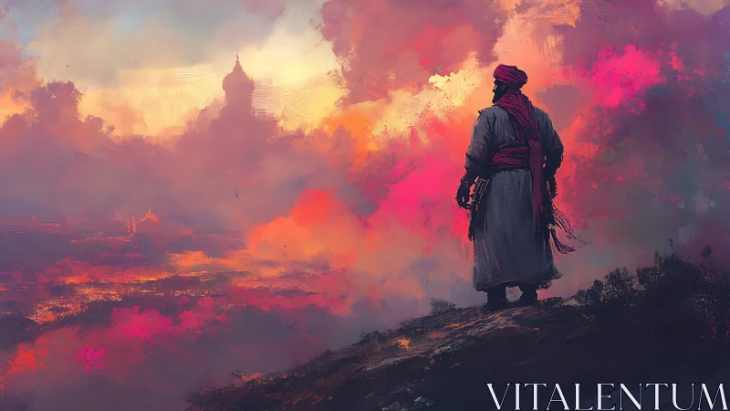 Wanderer in crimson stands quietly before a glowing sky