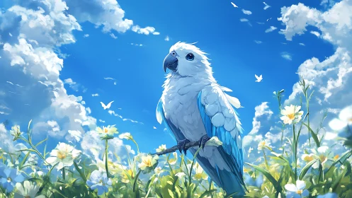 Majestic white and blue parrot in a vibrant anime meadow scene.