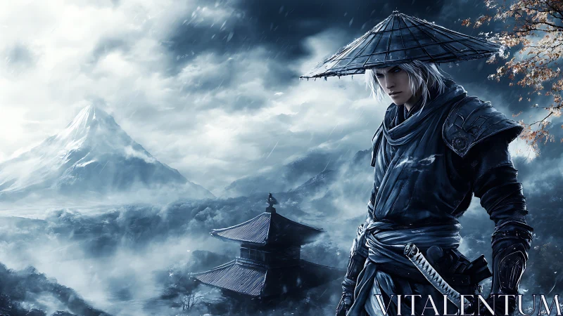 Samurai warrior stands in stormy mountain temple landscape