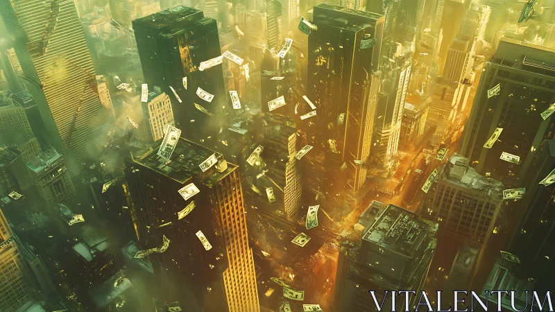 Urban skyscrapers engulfed in storm of floating dollar bills.