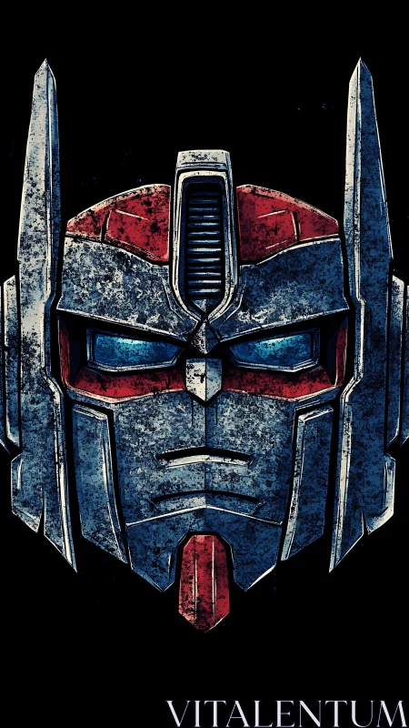 Mechanical robot face rendered with worn metallic textures