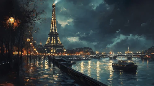 Moonlit Paris riverside stroll beside the glowing Eiffel tower.