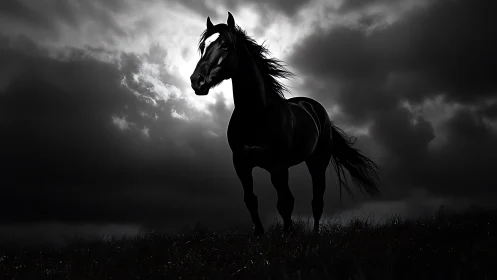 Black horse silhouette stands against dramatic storm clouds