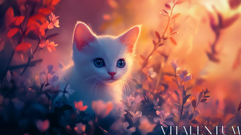 White Cat with Luminous Eyes Surrounded by Warm Floral Glow