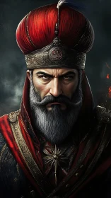 Regal warrior sultan stares ahead in ornate crimson robes.