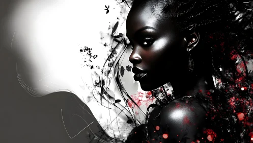 Dark portrait of woman with abstract floral splashes.